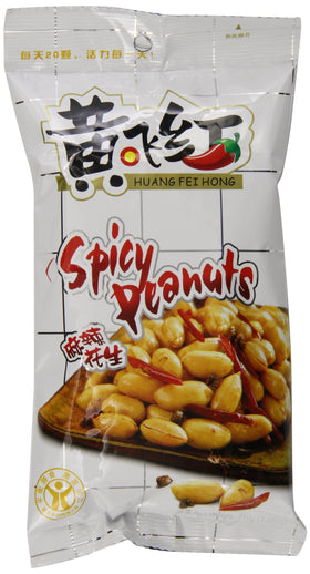 HuangFeiHong spicy crispy peanut 4-pack 110g close-up showing crunchy texture and chili seasoning