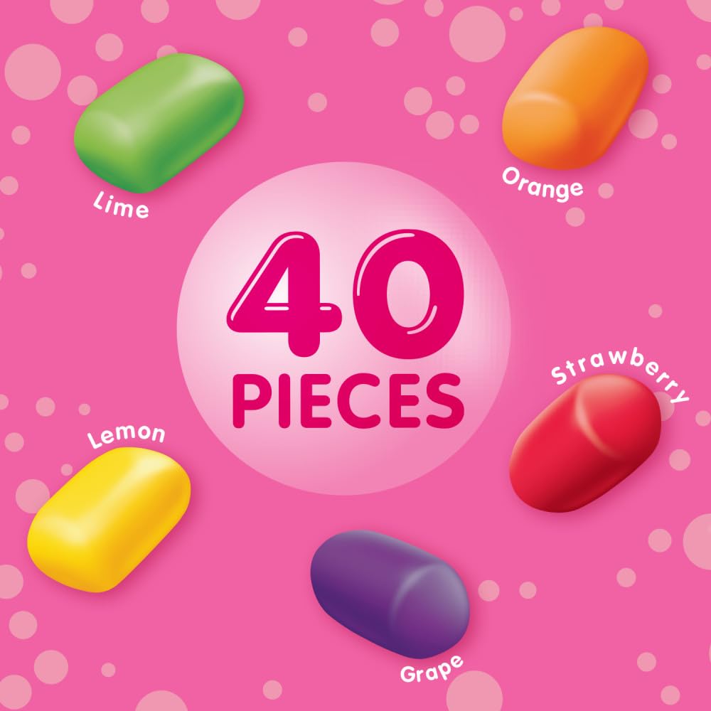 Hubba Bubba Minis SKITTLES bubble gum bottle shows 40 pieces for lasting flavor.