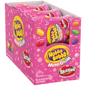 Hubba Bubba Minis SKITTLES flavored gum bulk pack in a resealable jar for sharing.