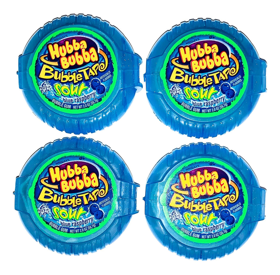 Hubba Bubba Sour Blue Raspberry Bubble Tape, 6-foot roll, ideal for playful snacking and sharing.
