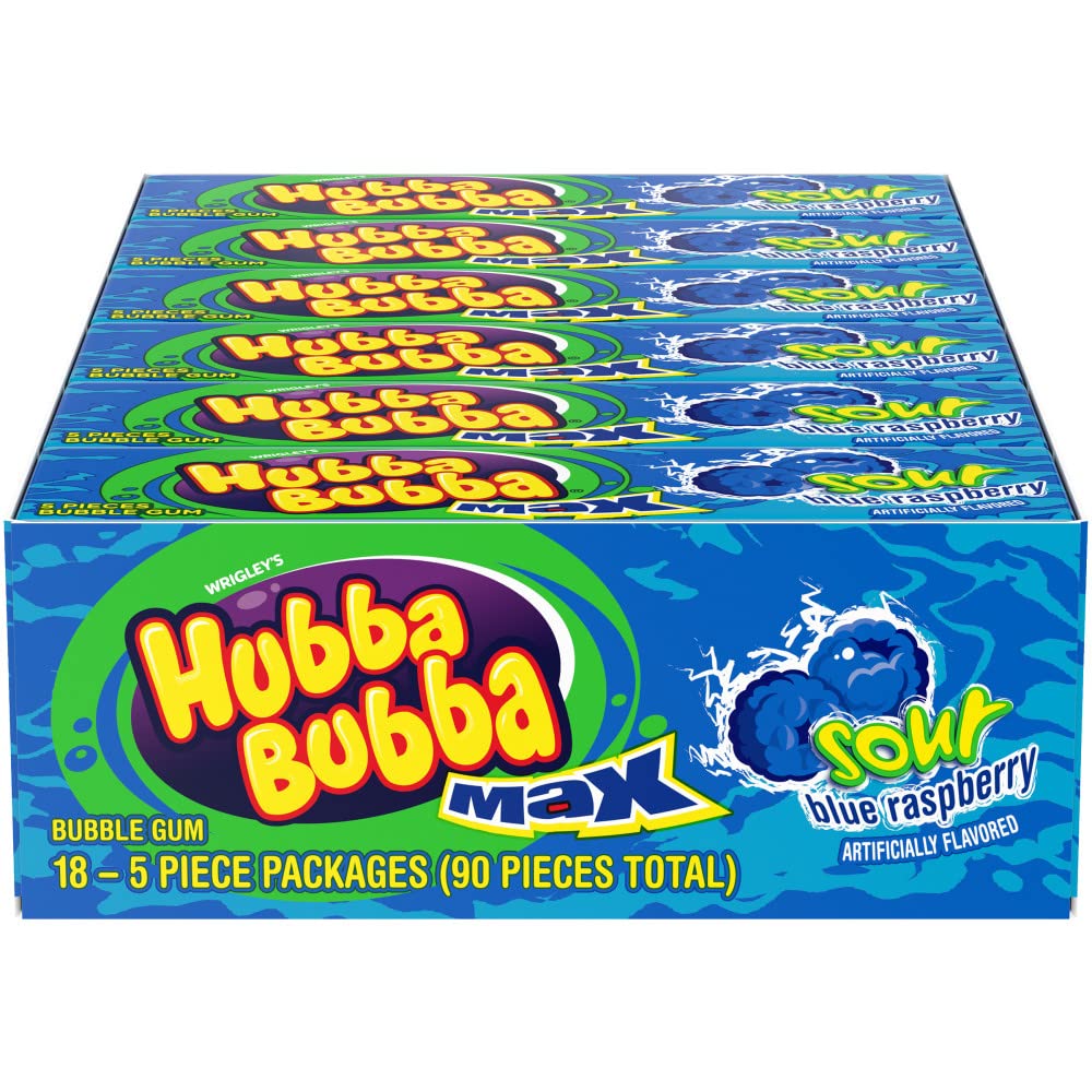 Hubba Bubba Sour Blue Raspberry gum pack displays bold flavor and shareable fun