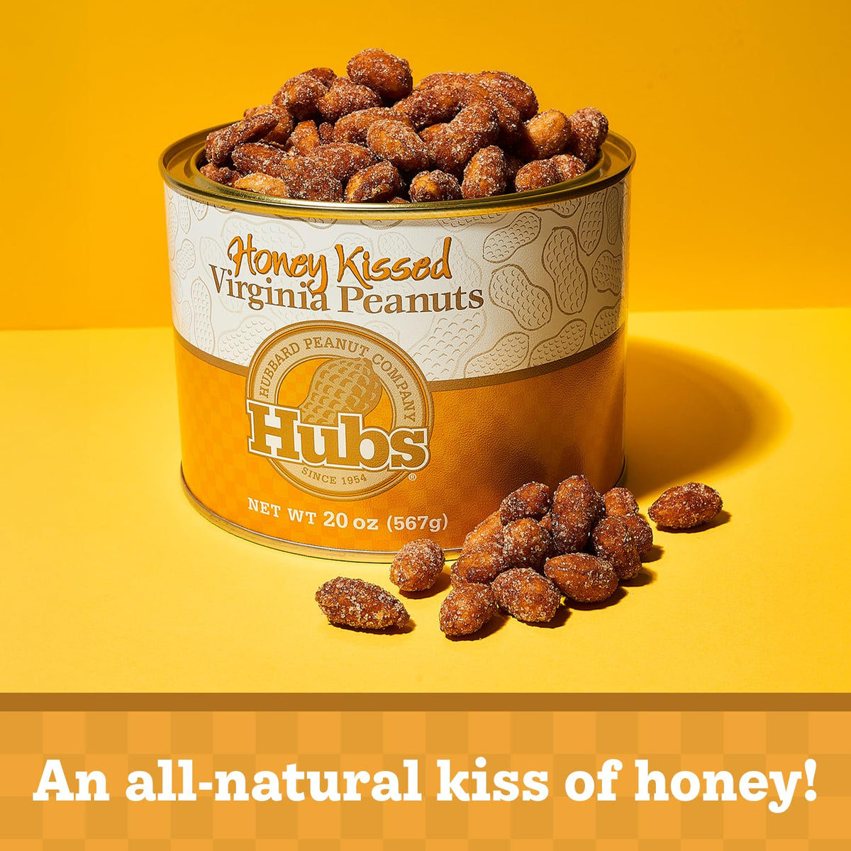 Hubs peanut tin with eco-friendly packaging for on-the-go snacking.