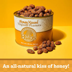 Hubs peanut tin with eco-friendly packaging for on-the-go snacking.