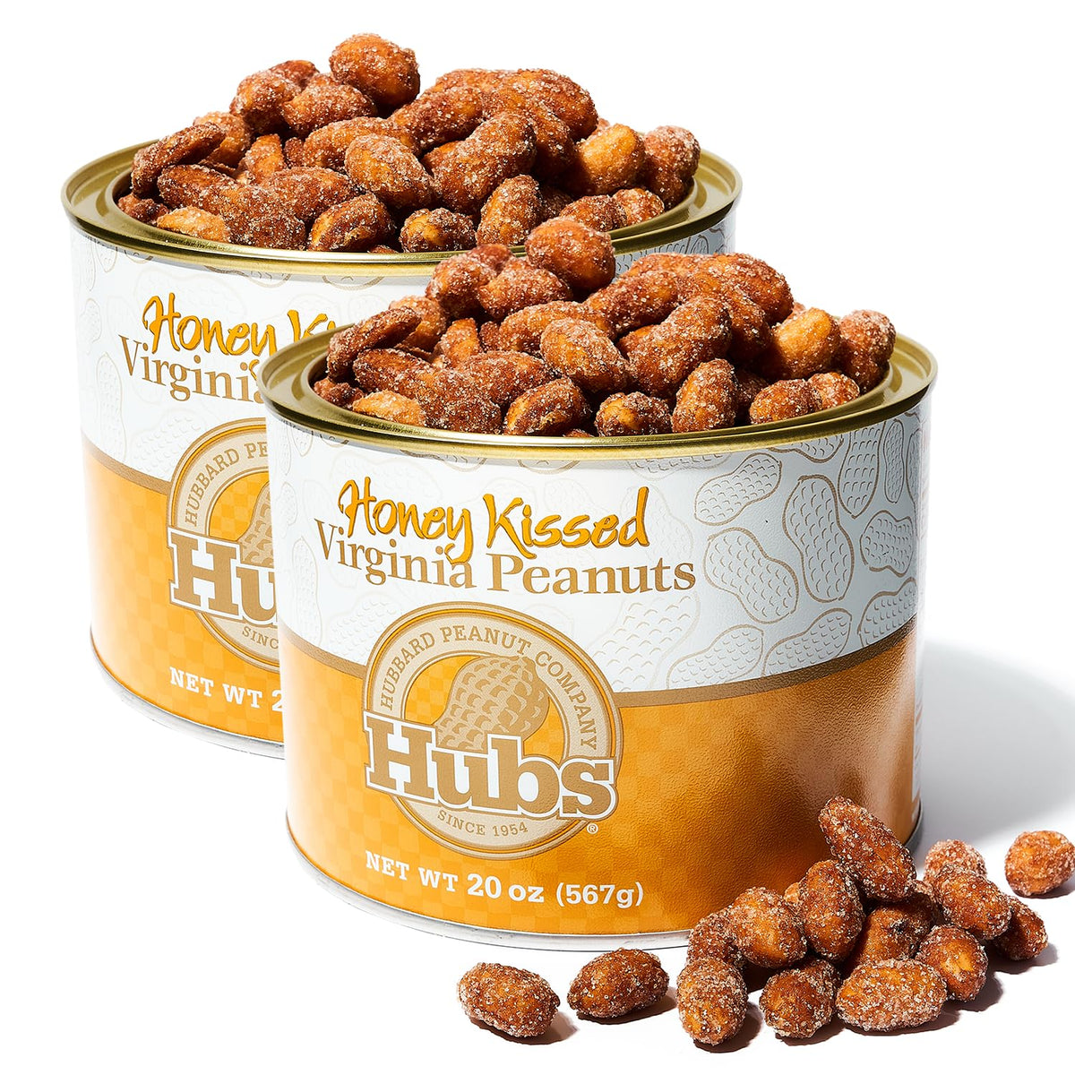 Hubs honey-kissed Virginia peanuts in a tin, ideal for sharing.