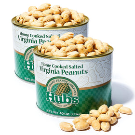 Hubs Peanuts Premium Salted Virginia Nuts tin front, displaying fresh, high-quality snacking.