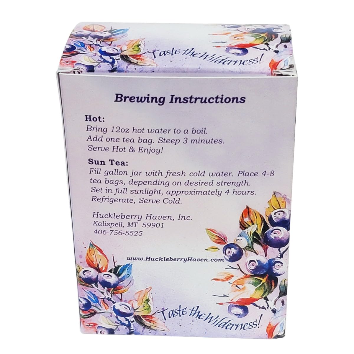 Huckleberry Haven 60-tea-bags packaging emphasizes value and easy brewing.