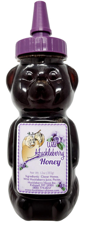 Huckleberry Haven Wild Huckleberry Honey Bear packaging, ideal for gifting.