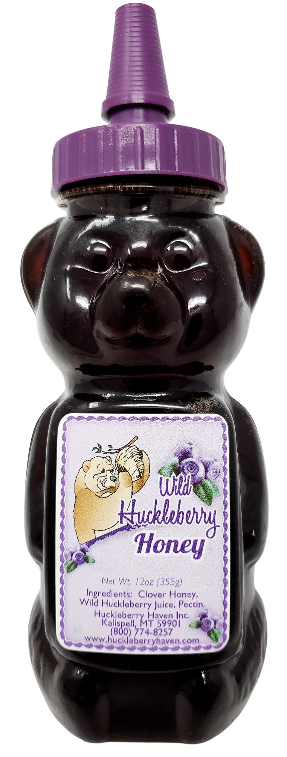 Huckleberry Haven Wild Huckleberry Honey Bear packaging, ideal for gifting.