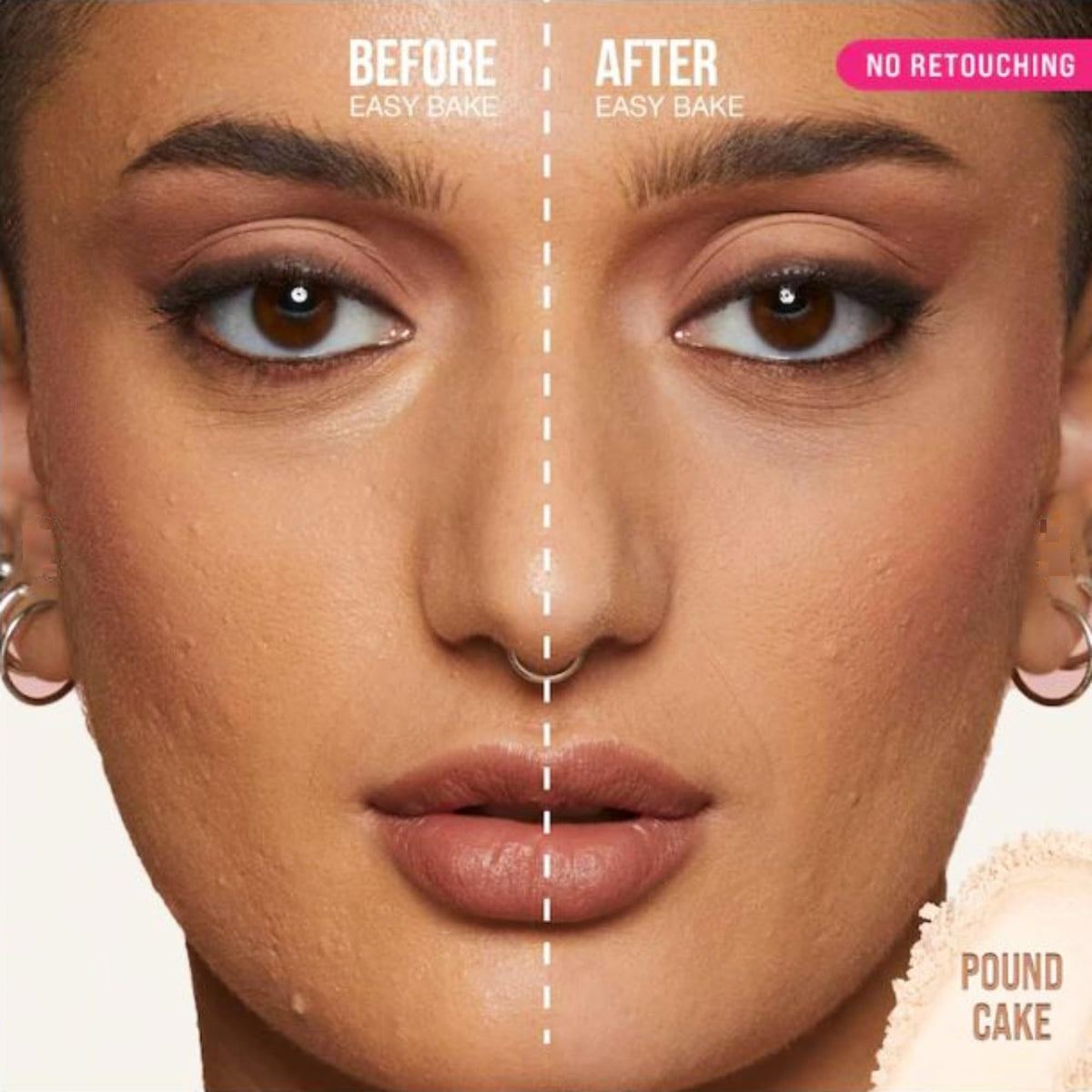 Huda Easy Bake Pound Cake powder applied on skin for long-wear and color balance.