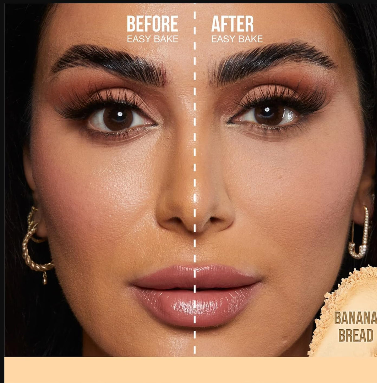 HUDABEAUTY Banana Bread loose powder swatch showing light, breathable texture.