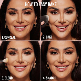 HUDABEAUTY Banana Bread setting powder swatch on skin for even tone.