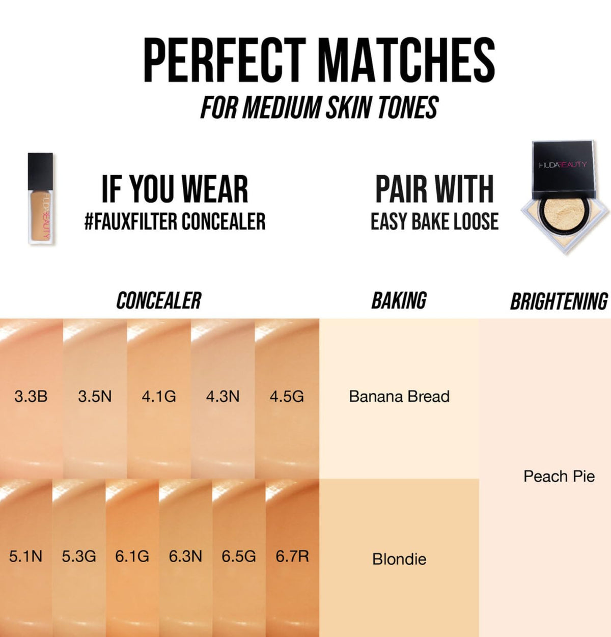 HUDABEAUTY Banana Bread shade swatches showing versatility for tones.