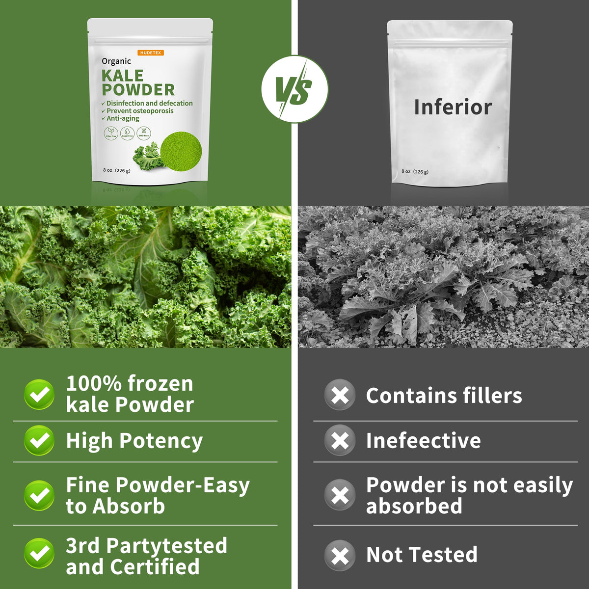 Hudetex Kale Powder dense green powder highlighting premium kale