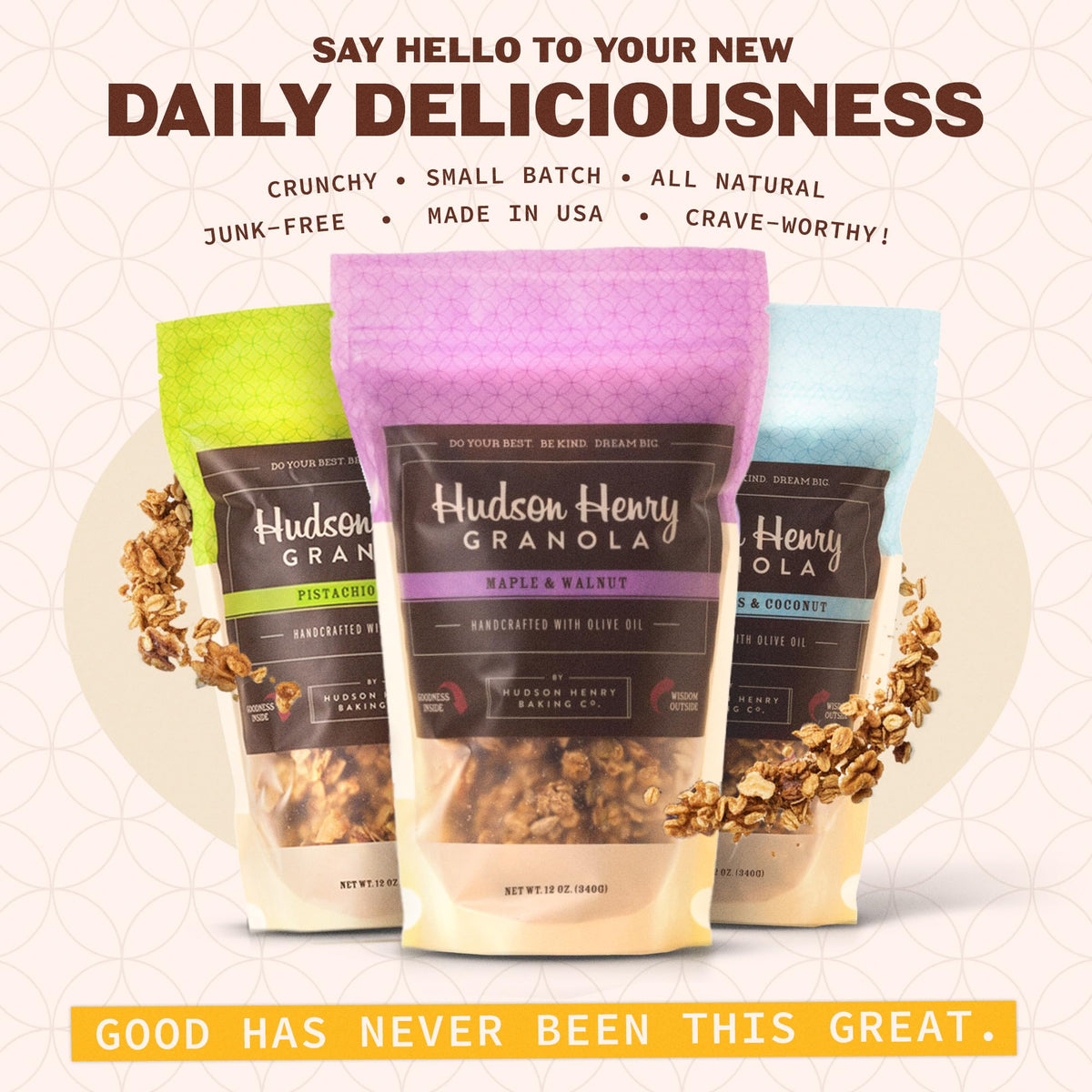 Hudson Henry gluten-free oats granola close-up, showcasing clean ingredients.