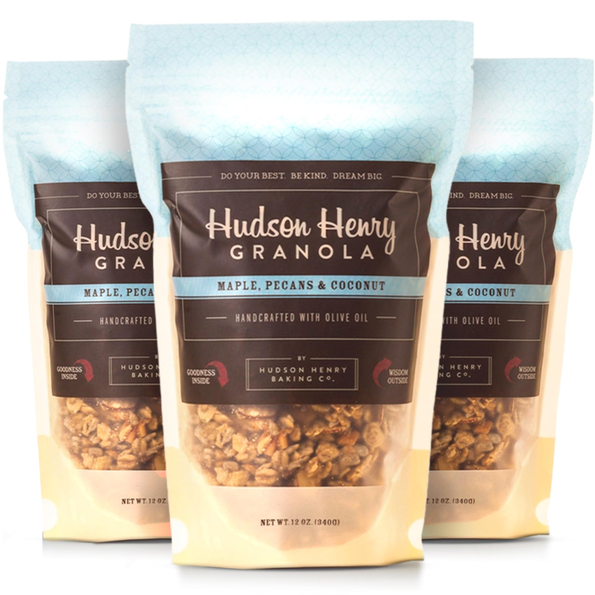 Hudson Henry Maple Pecan Coconut Granola bag showing crunchy oats and nuts for gluten-free mornings