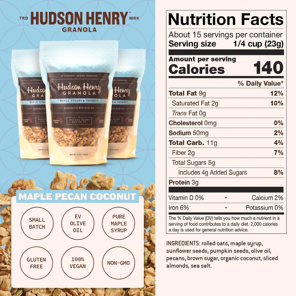 Hudson Henry Maple Pecan Coconut Granola bag image featuring toasted coconut and pecans, perfect as a yogurt topping
