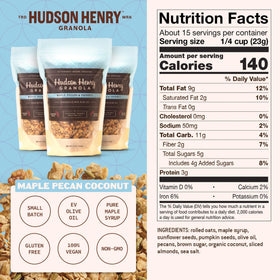 Hudson Henry Maple Pecan Coconut Granola bag image featuring toasted coconut and pecans, perfect as a yogurt topping