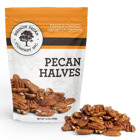 Hudson Pecan Company Georgia pecan halves in resealable bag for freshness.