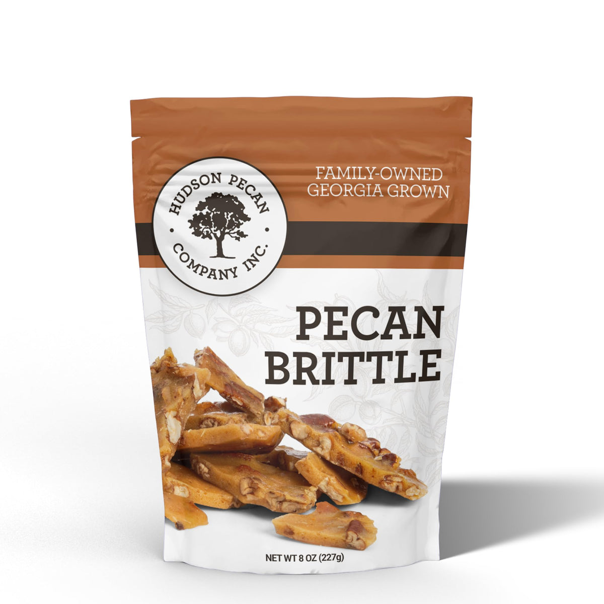 Hudson Pecan Company pecan brittle in 8-oz resealable pouch for easy snacking.