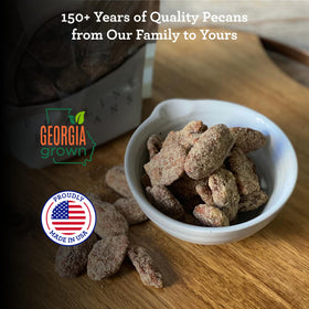 Close-up of Hudson Pecan Company praline pecans in packaging, ideal for gifting