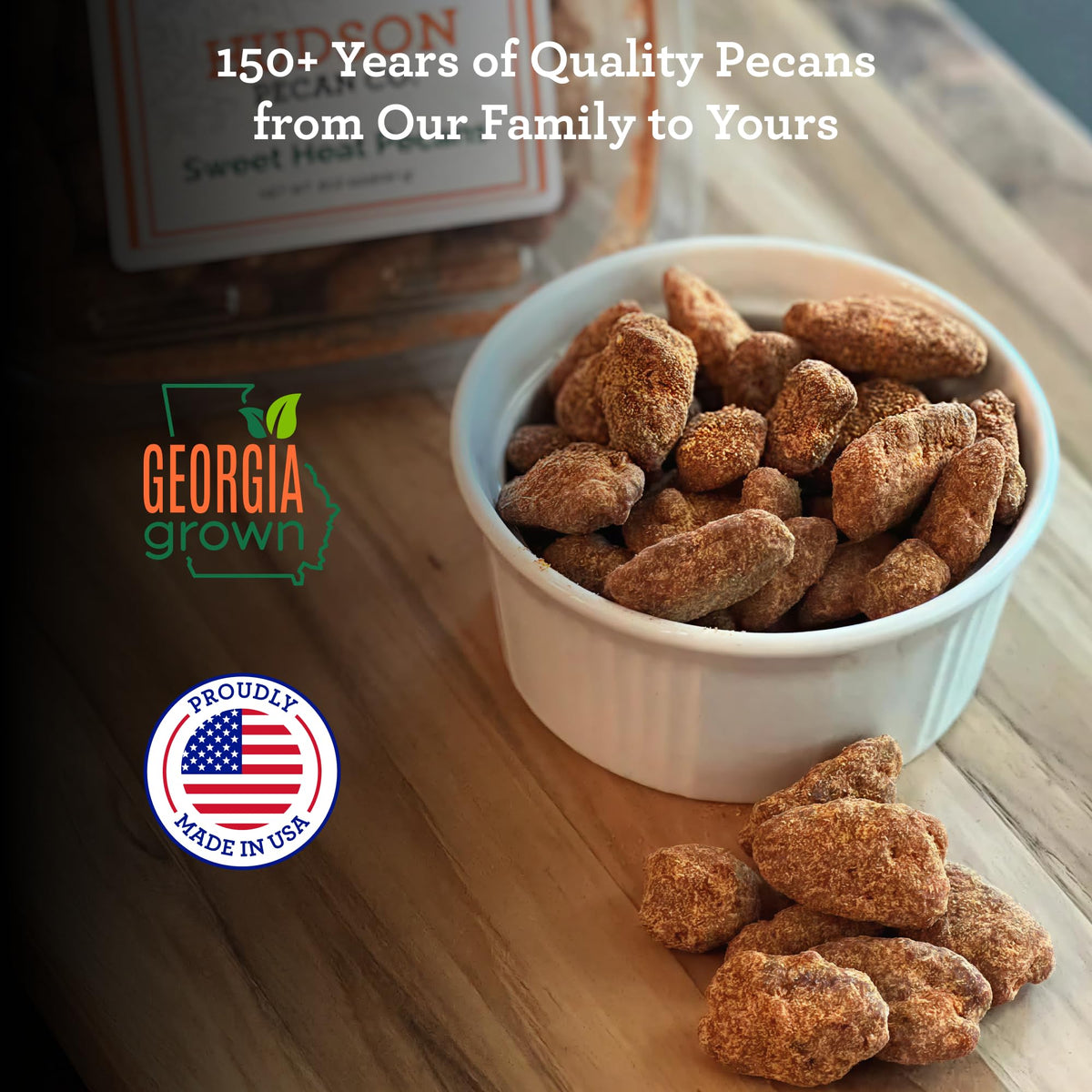 Hudson Pecan Company Sweet Heat pecans glaze closeup, delivering bold sweetness and subtle heat.