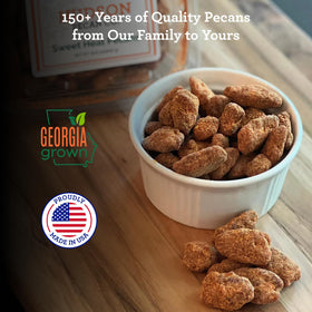 Hudson Pecan Company Sweet Heat pecans glaze closeup, delivering bold sweetness and subtle heat.