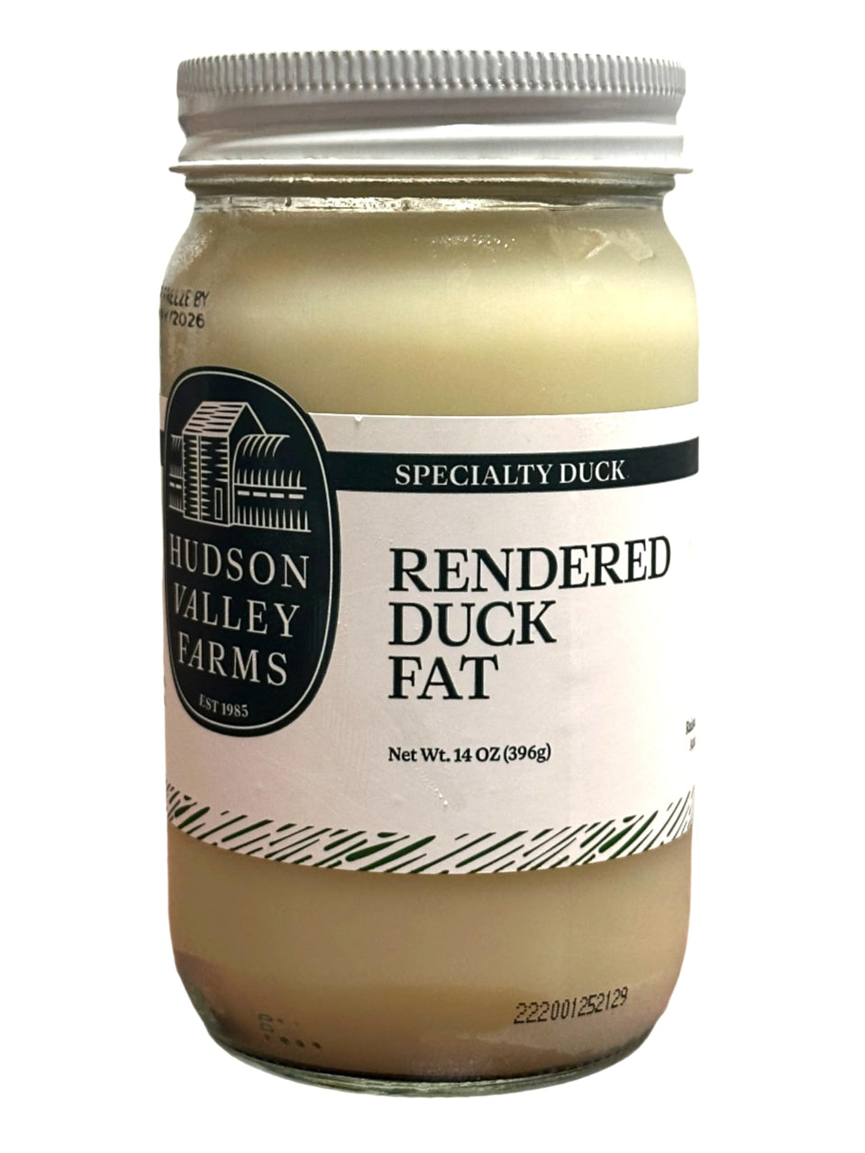 Hudson Valley Farms Duck Fat in glass jar for premium freshness and flavor.