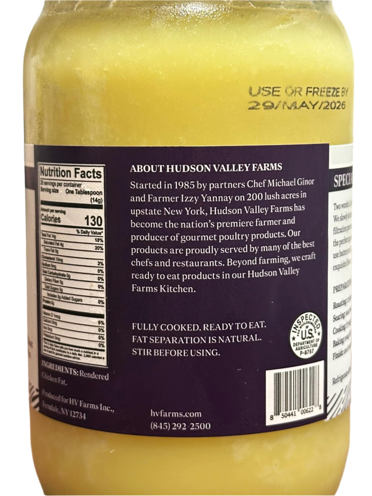 Hudson Valley Farms label close-up – pure kettle-rendered chicken fat with no preservatives.