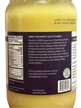 Hudson Valley Farms label close-up – pure kettle-rendered chicken fat with no preservatives.
