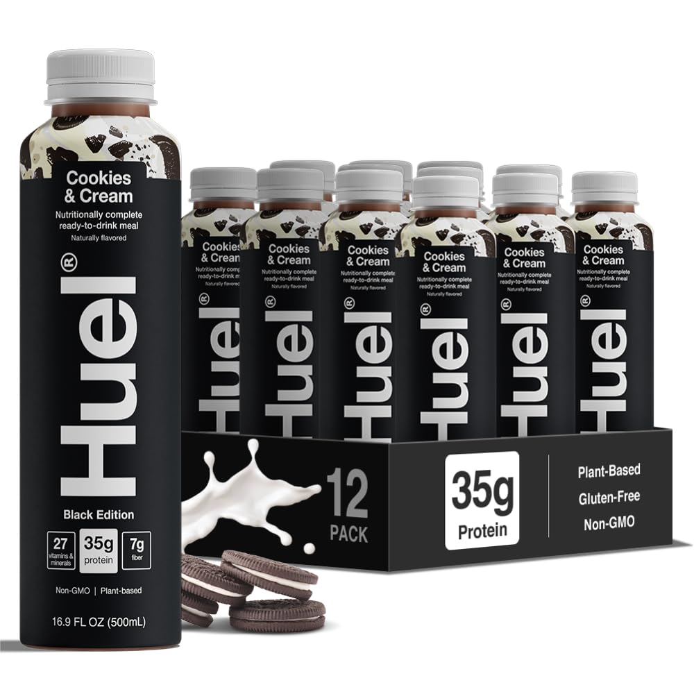 Huel Black Edition Ready-to-Drink Cookies and Cream bottle shows protein-rich plant nutrition