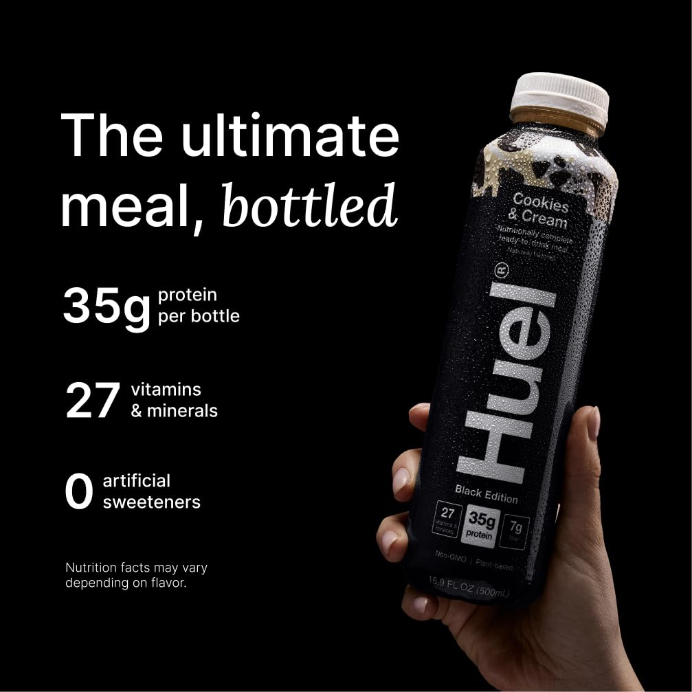 Pouring Huel Black Edition Cookies and Cream to reveal smooth texture and color