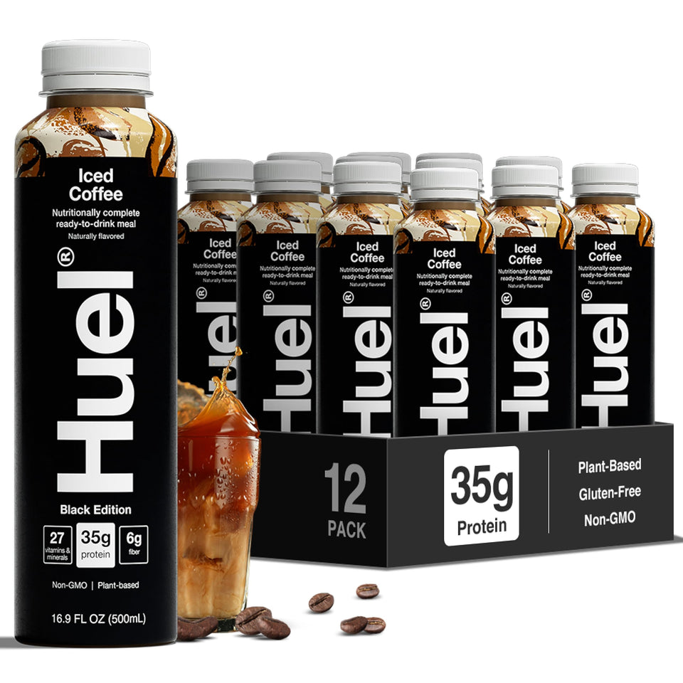 Huel Black Edition Ready-to-Drink iced coffee bottle shows convenient on-the-go protein boost