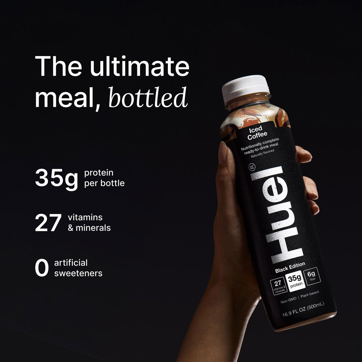 Close-up of Huel Black Edition RTD nutrition label highlighting vegan and gluten-free ingredients