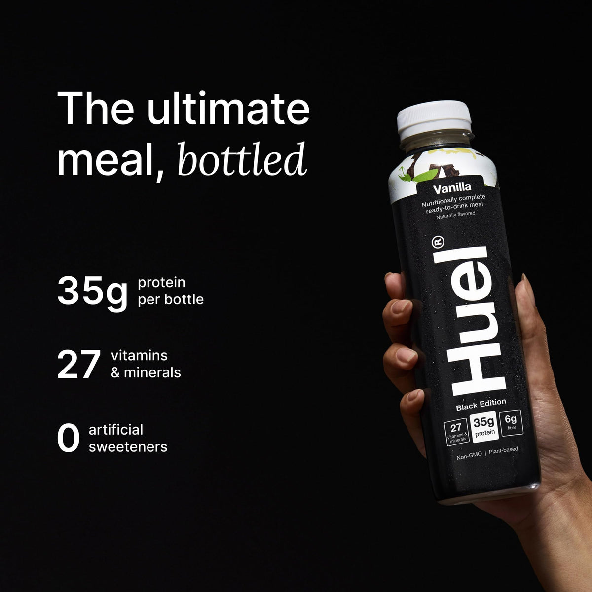 Huel Vanilla Ready-to-Drink being poured into a glass for a meal