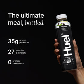 Huel Vanilla Ready-to-Drink being poured into a glass for a meal