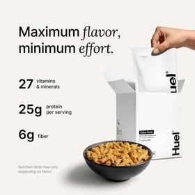 Huel Cajun Pasta bowl steaming, a comforting plant-based dinner.