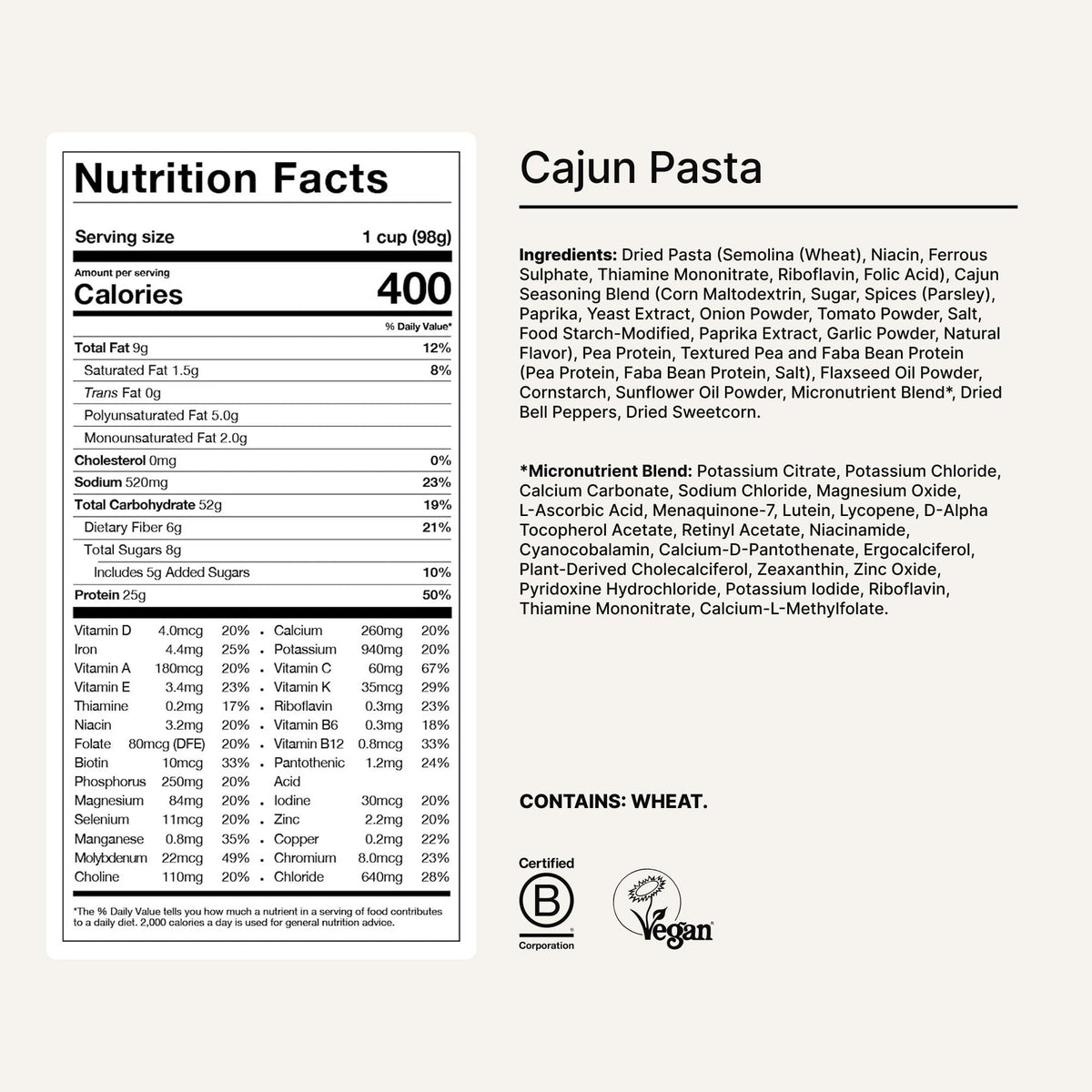 Huel Cajun Pasta ingredients laid out, plant-based nutrition showcase.