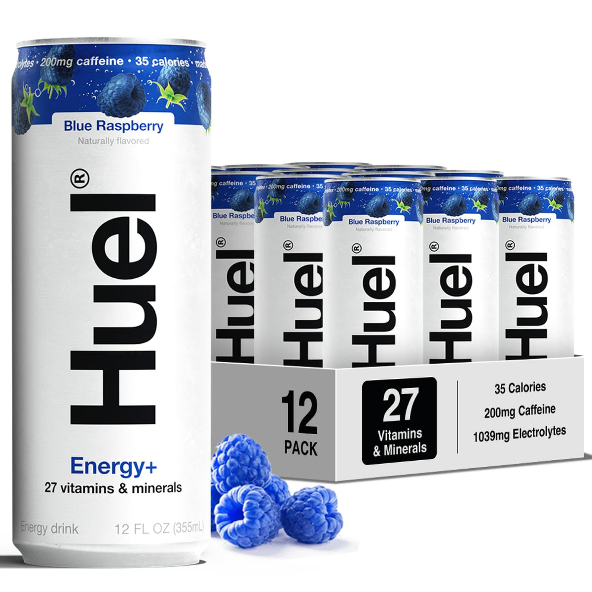 Huel Energy+ blue raspberry can with refreshing energy boost from real fruit
