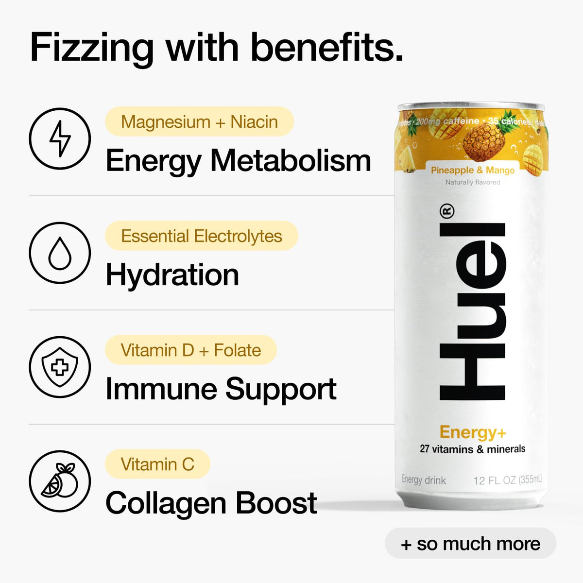 Huel Energy+ nutrition label highlights 27 vitamins and minerals per can.