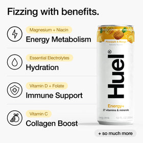 Huel Energy+ nutrition label highlights 27 vitamins and minerals per can.