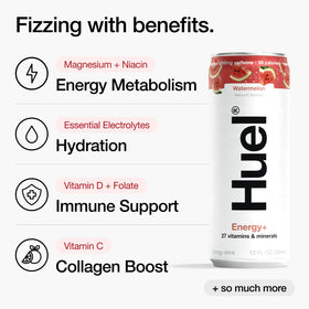 Huel Energy+ nutrition label highlighting vitamins and minerals for daily support