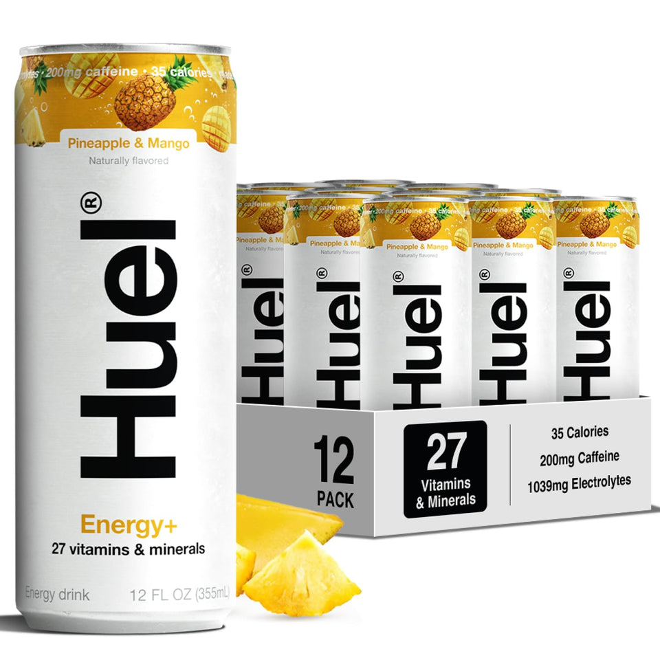 Huel Energy+ Pineapple & Mango can front view, delivering a refreshing energy boost.