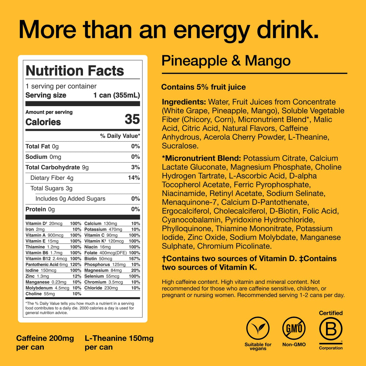 Huel Energy+ Pineapple & Mango can side view showcases real fruit flavor without artificial colors.