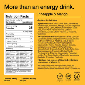 Huel Energy+ Pineapple & Mango can side view showcases real fruit flavor without artificial colors.