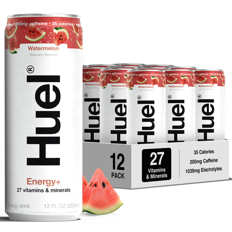 Huel Energy+ Watermelon can front view for quick energy and portability