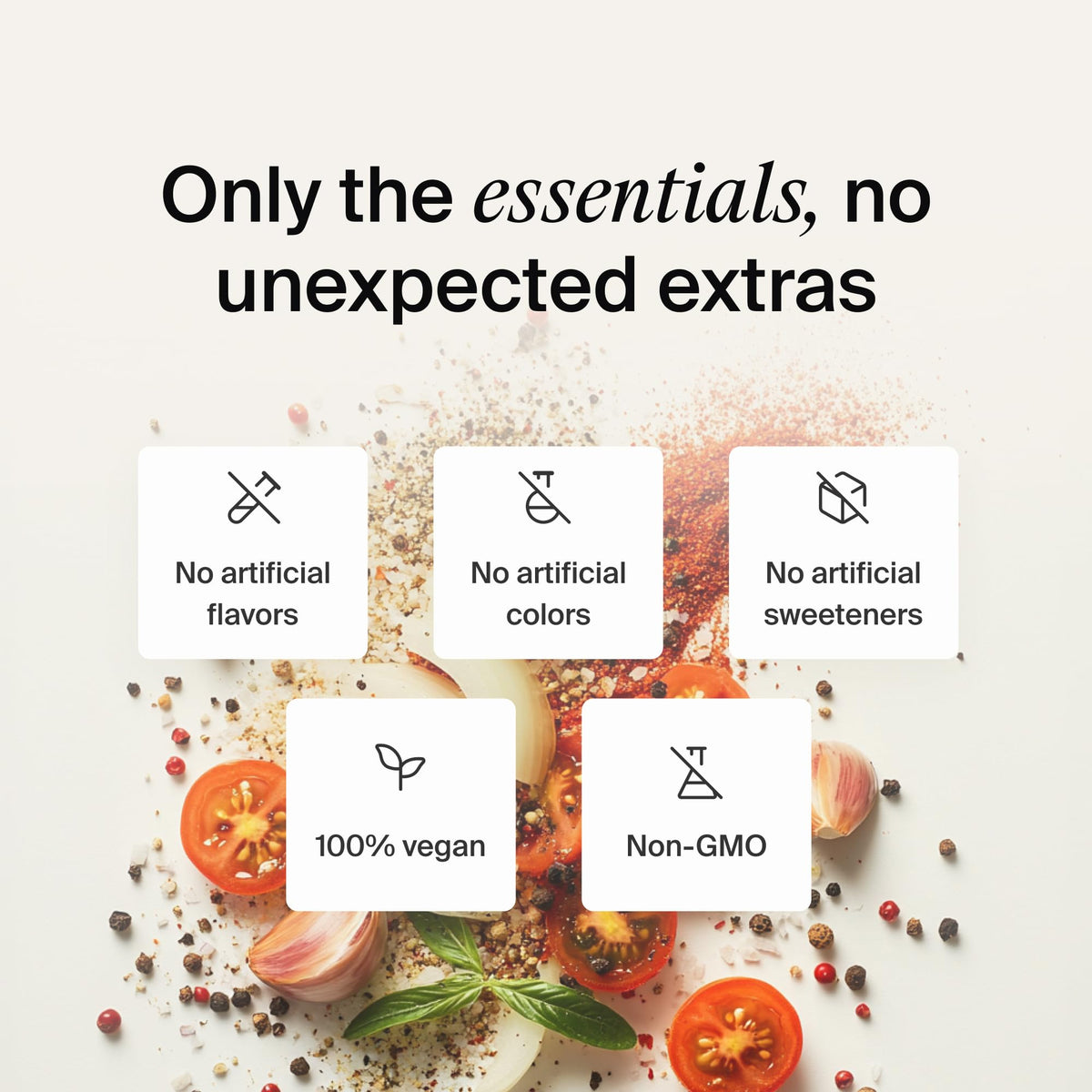 Huel ingredients close-up, plant-based components delivering flavor and fiber.