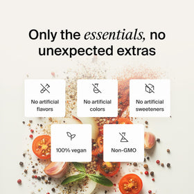 Huel ingredients close-up, plant-based components delivering flavor and fiber.