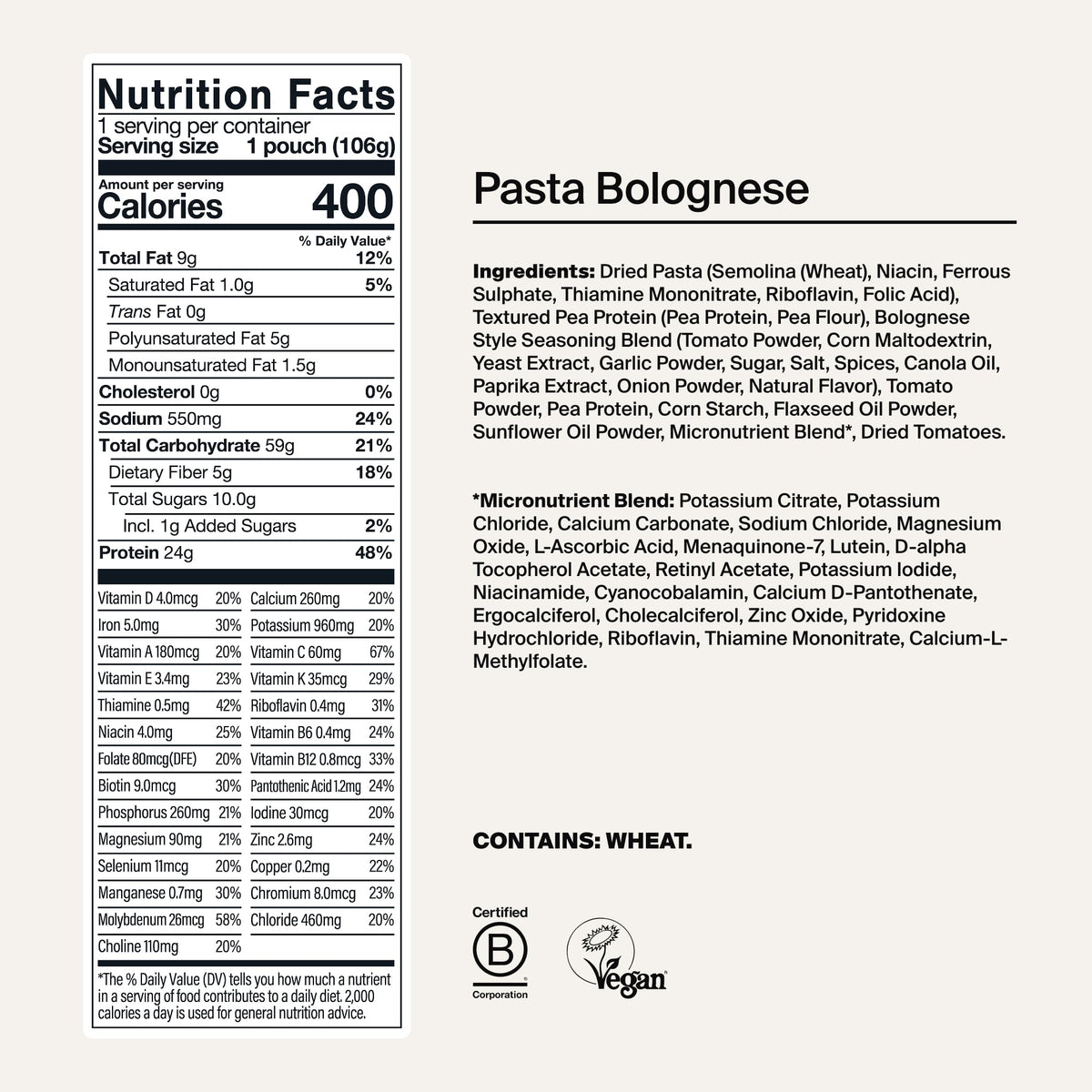 Huel nutrition panel for bolognese, highlights protein and vitamins for balanced nourishment.