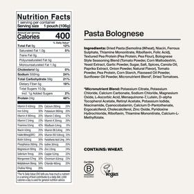 Huel nutrition panel for bolognese, highlights protein and vitamins for balanced nourishment.
