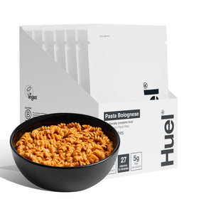 Huel hot and savory bolognese packaging front, a convenient nutritionally complete meal option.